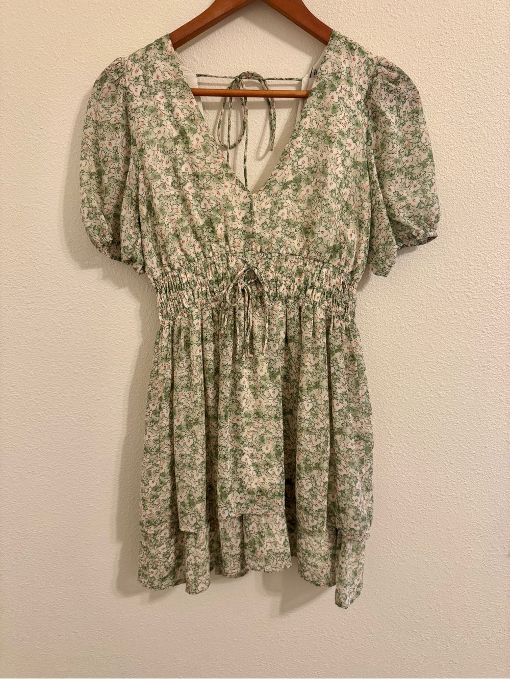 Lush Green Floral Puff Sleeve Tiered Mini Dress Size Small Cottagecore